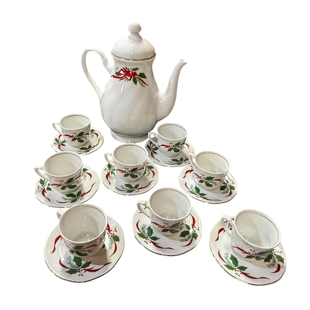 Victorian Holiday by Southington by Baum Brothers 17 Piece Saucer Teacup Teapot